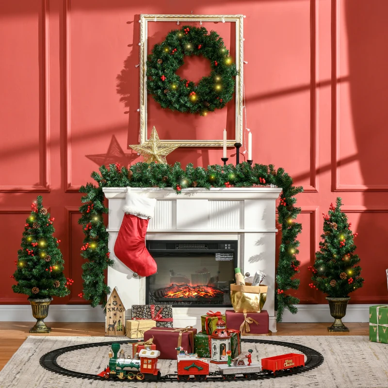 HOMCOM Prelit Holiday Christmas 4-Piece Set, Garland Wreath and Set of 2 Entrance Trees with Warm White LED Lights, Green