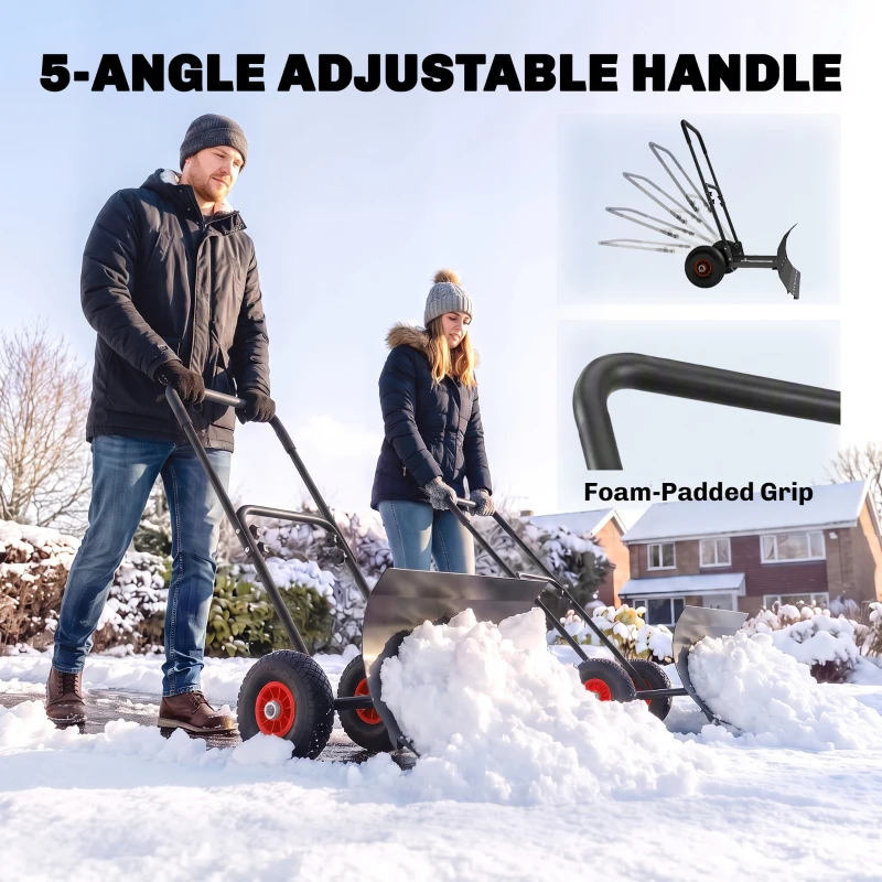 Outsunny Snow Shovel with Wheels, 29" x 16.5" Metal Snow Pusher with Adjustable Handle, 5-Angle Blade for Driveway, Black
