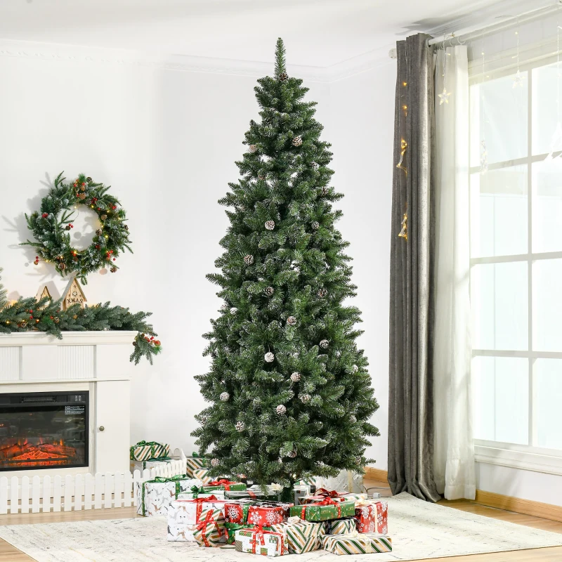 HOMCOM 7.5ft Unlit Snow-Dipped Fir Artificial Christmas Tree with Realistic Branches, Pine Cones and 1119 Tips