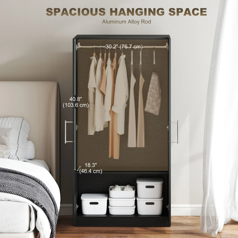 HOMCOM Wardrobe Cabinet with 2 Doors and Hanging Rod, Modern Armoire Wardrobe Closet for Bedroom, Black Wood Effect