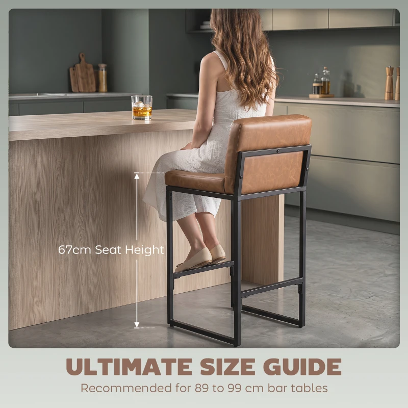 HOMCOM Bar Stools Set of 2, Retro Padded Counter Height Stools with Back and Metal Leg, Vintage PU Leather, Brown