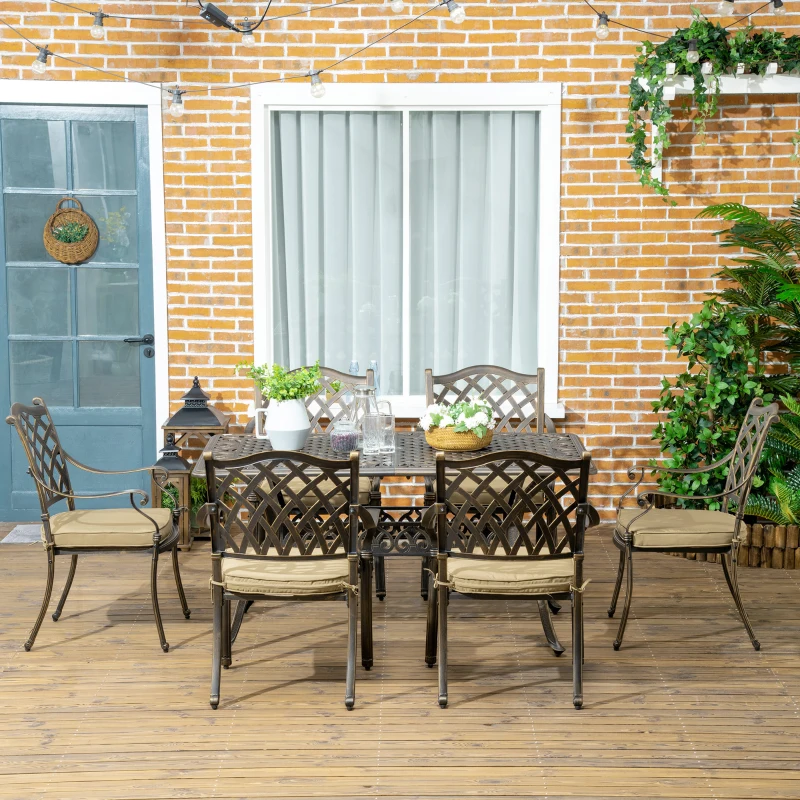 Outsunny 7 Pieces Patio Dining Set with Umbrella Hole, Cast Aluminum Outdoor Patio Furniture Set with 6 Cushioned Chairs and Rectangle Dining Table, for Garden, Lawn, Deck, Khaki