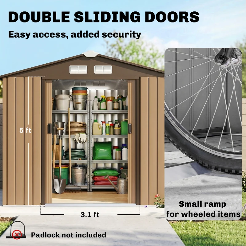 Outsunny 7' x 4' Outdoor Storage Shed, Garden Tool House w/ Foundation Kit Vents & Sliding Doors for Backyard Patio, Brown