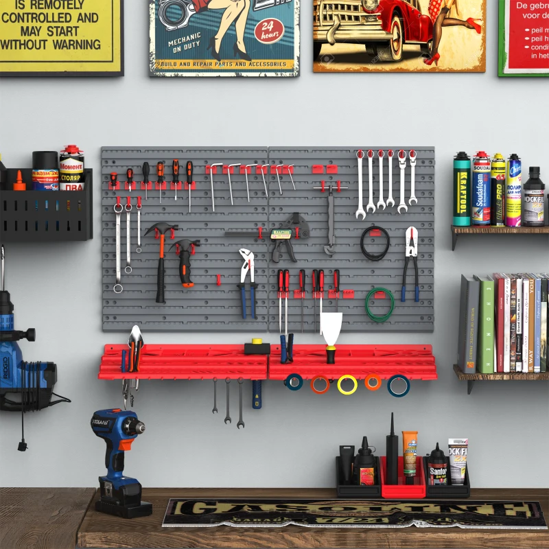 DURHAND 54 Piece Plastic Pegboard Panels, Peg Board with Accessories, Shelf Tool Organizer, Wall Mounted DIY Garage Storage with 50 Hooks, Red