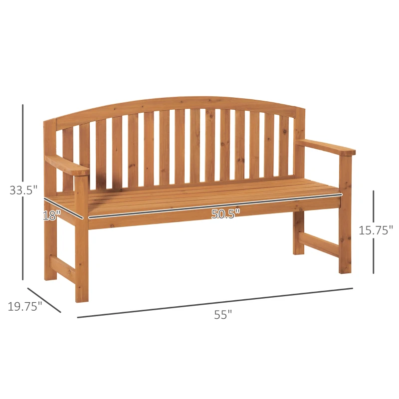 Outsunny 55" Wooden Garden Bench, 2 Seater Outdoor Patio Seat with Slatted Design for Deck, Porch or Garden, Natural