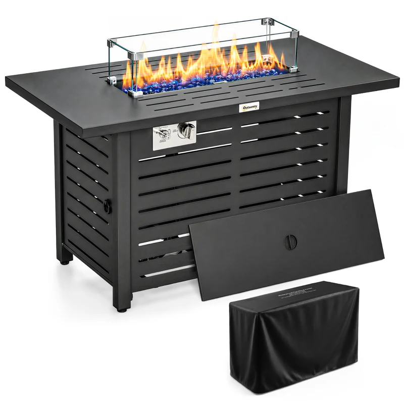 Outsunny Propane Gas Fire Pit Table, Outdoor Firepit with 43" Steel Tabletop and Lid, 50,000 BTU Pulse Ignition Fire Table w/ Stainless Steel Burner, Glass Wind Guard, and Cover