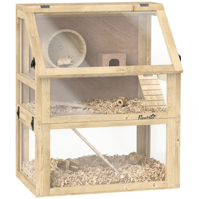 PawHut Wooden Hamster Cage, 3 Tier Gerbil Cage with Deep Bottom, Hut, Seesaw, Exercise Wheel, Ramps, 24" x 16" x 29.5"