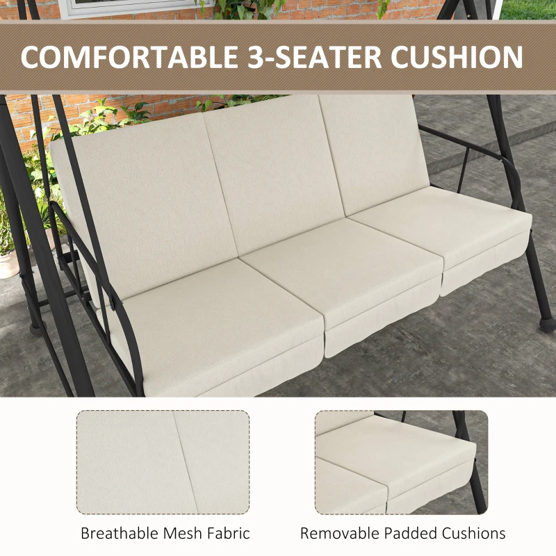 Outsunny 3-Seat Outdoor Porch Swing Patio Swing with Adjustable Canopy, Removable Seat and Back Cushion for Garden, Poolside
