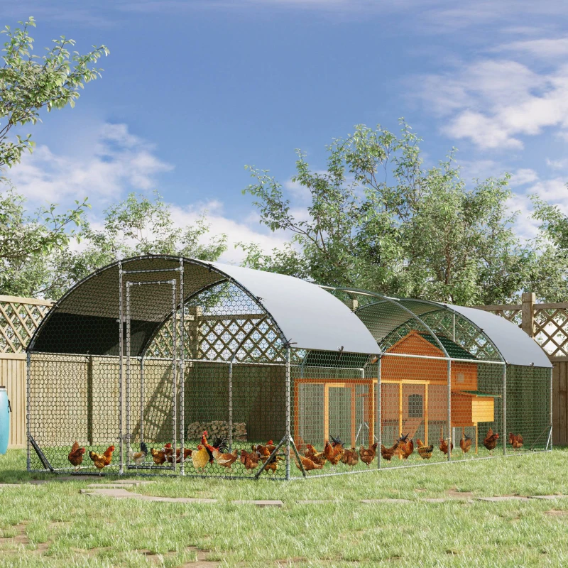 PawHut Galvanized Large Metal Chicken Coop Cage Walk-in Enclosure Poultry Hen Run House Playpen Rabbit Hutch with Cover for Outdoor Backyard 9.2' x 24.9' x 6.5' Silver