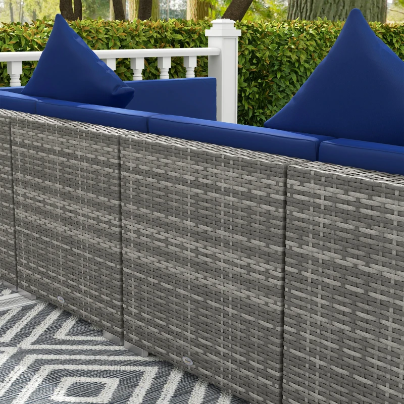 Outsunny 7 Pieces Outdoor Rattan Sofa Set, Wicker Patio Furniture Set with Glass Top Coffee Table, Pillows, Mixed Gray and Blue