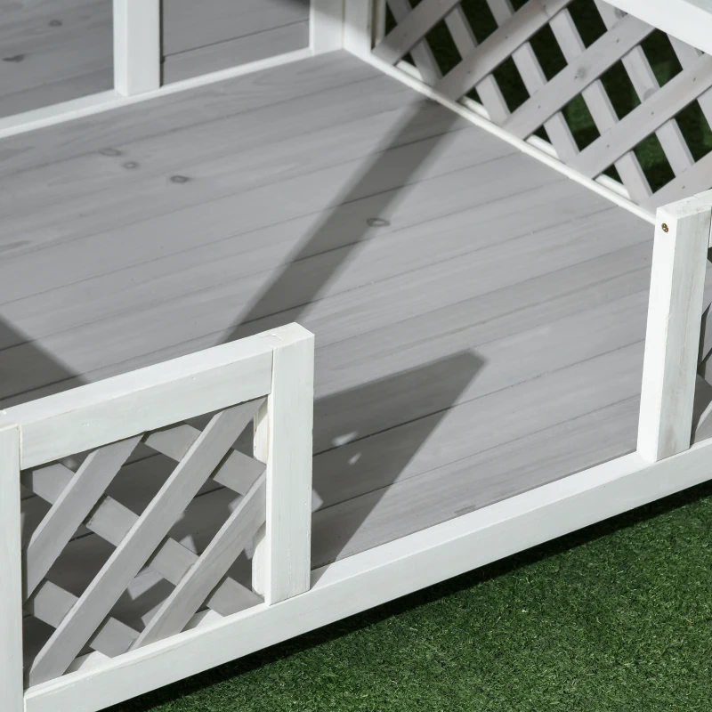 PawHut Wooden Dog House Outdoor with Porch, Cabin Style Raised Dog Shelter with Asphalt Roof, Doors, and Shutter Window, for Medium Large Sized Dog, Light Gray