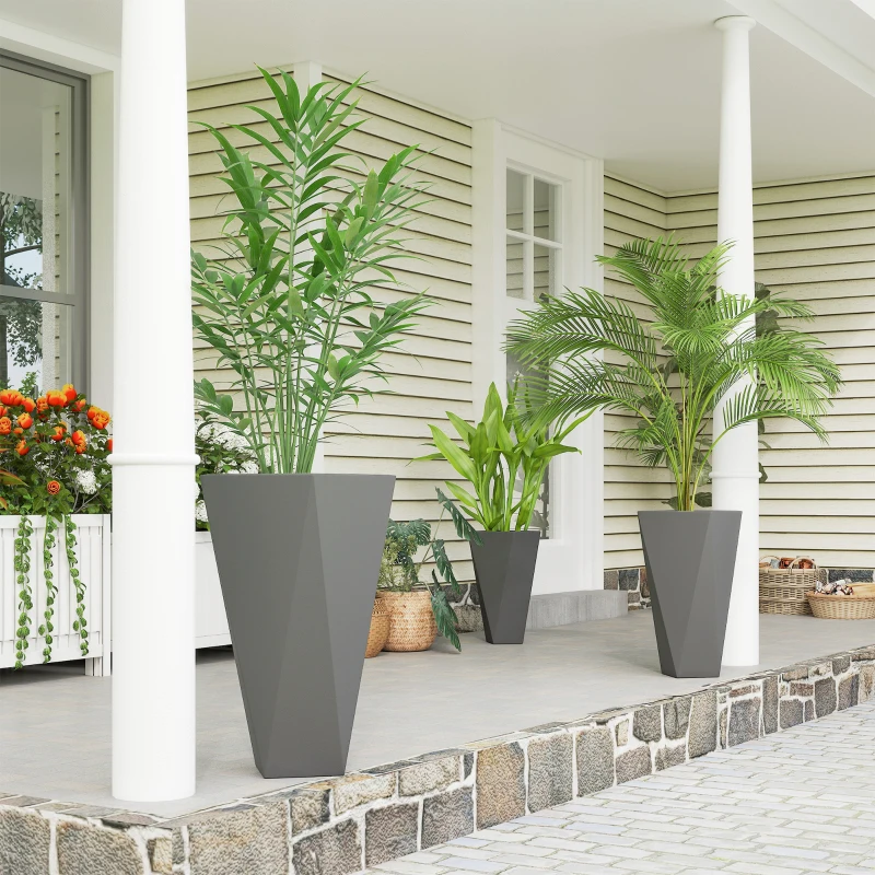 Outsunny Indoor Outdoor Planters Set of 3 MgO Tall Planters Stackable Flower Pots with Drainage Holes for Garden, Balcony, Alt Gray