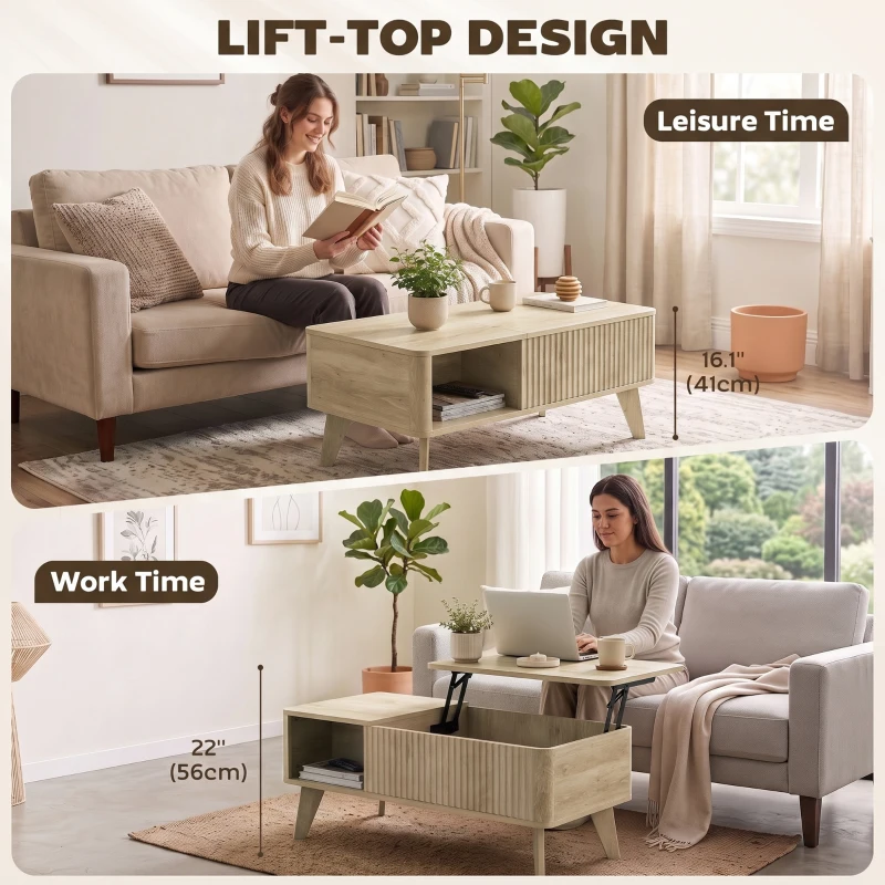 HOMCOM 40" Fluted Lift Top Coffee Table with Storage, Mid-Century Coffee Table with Hidden Compartment, Open Shelf, Oak