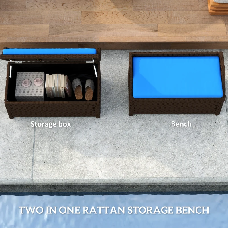 Outsunny Outdoor Wicker Storage Bench with Storage & Cushion, Blue