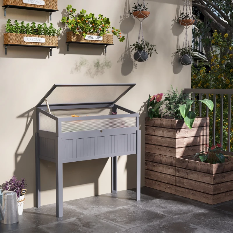 Outsunny Raised Wood Cold Frame Greenhouse, Elevated Planter & Plant Protection Box, 2-IN-1 for Flowers, Vegetables, Herbs, Grey