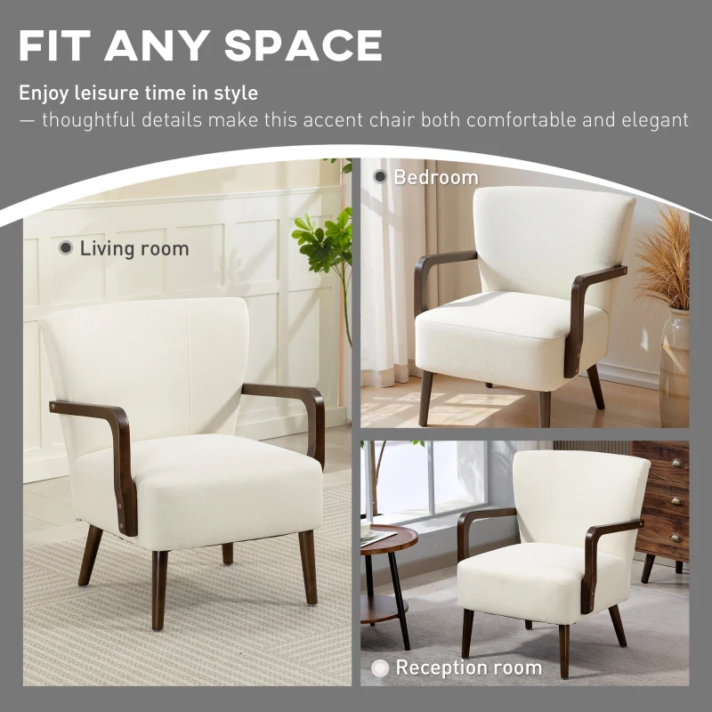 HOMCOM Accent Chair with Wooden Legs, Linen Fabric Armchair with Thick Padding, Comfy Chair for Living Room, Cream White