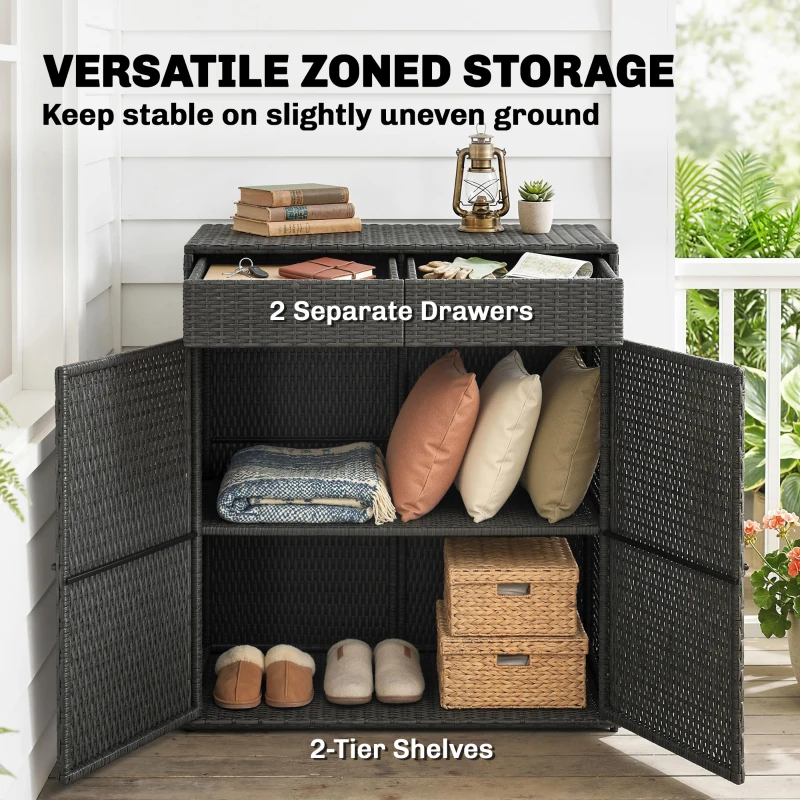 Outsunny Wicker Outdoor Storage Cabinet with 2 Doors and Drawers, 2-Tier Shelf Rattan Patio Storage Cabinet, Dark Grey