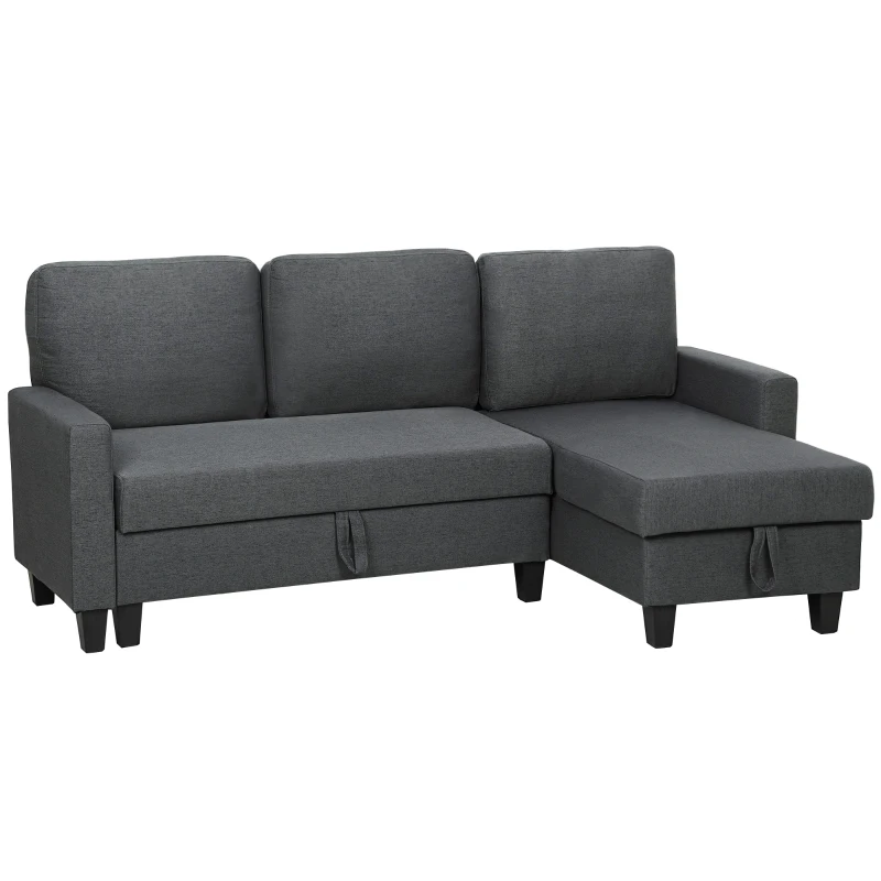 HOMCOM 77.6" Sofa Bed, Pull Out Sleeper L Shaped Sectional Couch, Reversible Storage Chaise, Wide and Deep Seat, Charcoal Grey