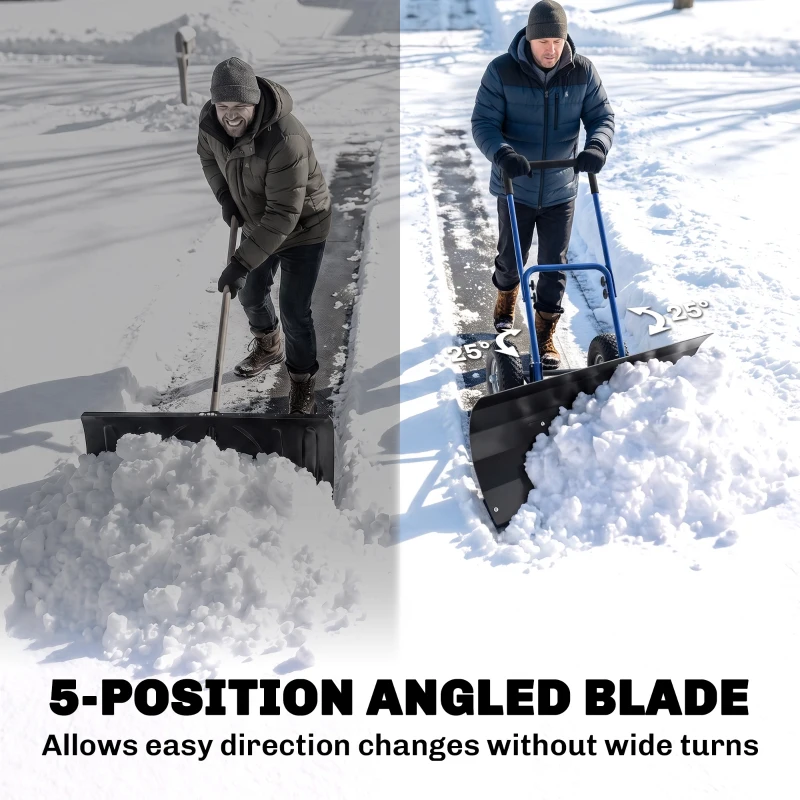 Outsunny Snow Shovel with Wheels, 29" x 16.5" Metal Snow Pusher with Adjustable Handle, 5-Angle Blade for Driveway, Blue