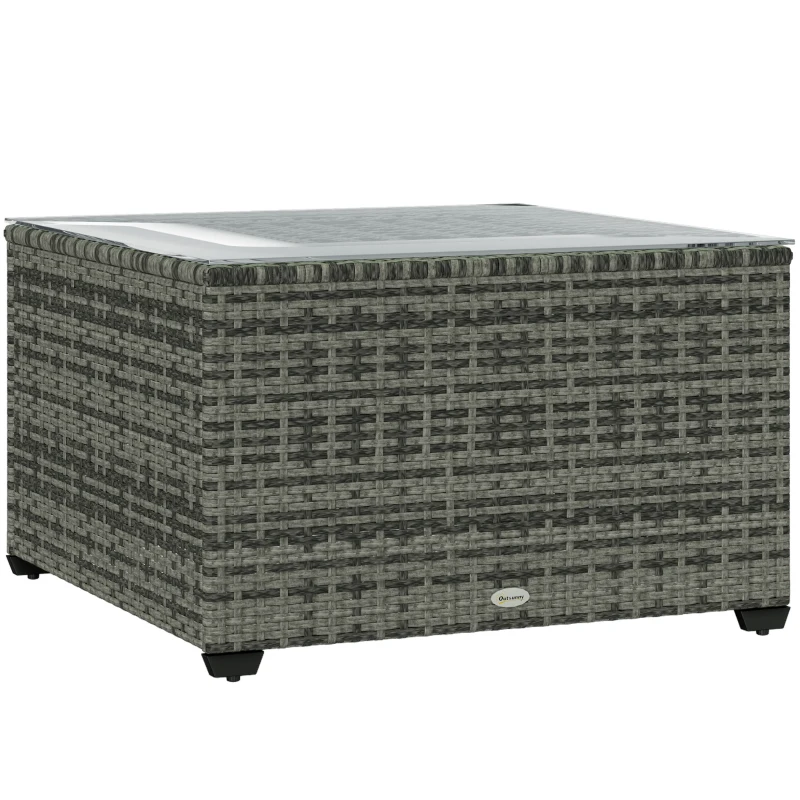 Outsunny 24.4" Patio Wicker Coffee Table, PE Rattan Outdoor Side Table with Tempered Glass Top, Light Grey