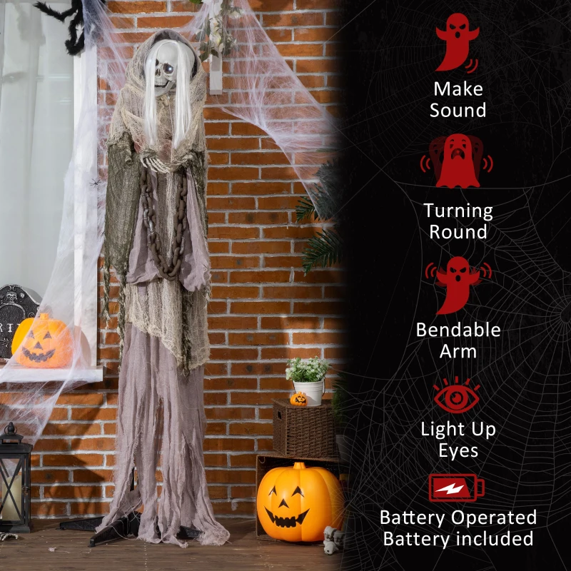 Outsunny 74" Life Size Outdoor Halloween Decorations Skeleton Witch, Sound and Motion Activated Animated Prop Animatronic decor with Light Up Eyes, Sound