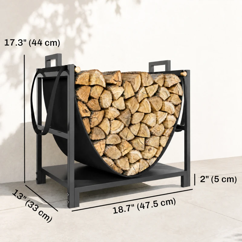 Outsunny 19 Inch Firewood Rack with Carrier, 110 lb Heavy Duty Steel Log Store Indoors, Fireplace Log Storage Holder, Black