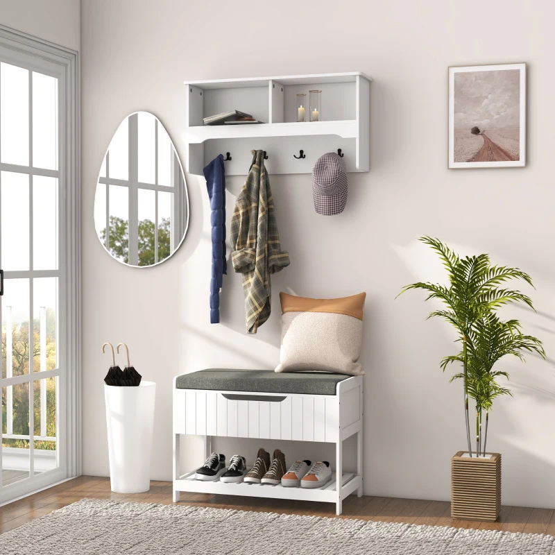 HOMCOM Wall Mounted Coat Rack with Shoe Storage Bench, Hall Tree and Bench, Clothes Hanger Rack with Shelves for Hallway White