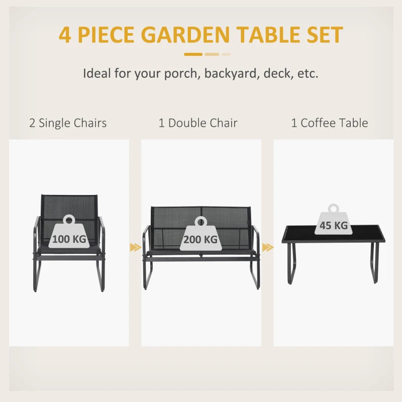 Outsunny 4 Piece Patio Furniture Set, Outdoor Conversation Set with Loveseat Sofa, Armchairs, Glass Top Coffee Table, Black