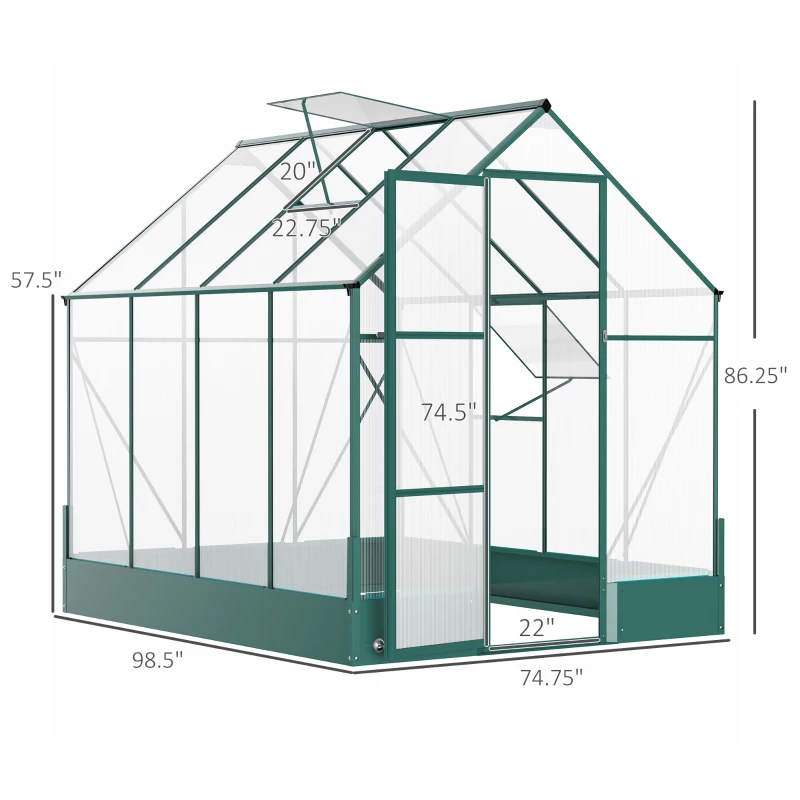 Outsunny 8' x 6' Greenhouse for Outdoors, Polycarbonate Greenhouse with Roof Vent and Rain Gutter, Aluminum Walk-in for Outside for Patio Backyard Garden, Green