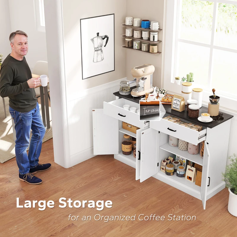 HOMCOM 55" Buffet Cabinet, Farmhouse Sideboard with 1.2" Thick Top, 4 Barn Doors, 2 Drawers and 2 Adjustable Shelves, White