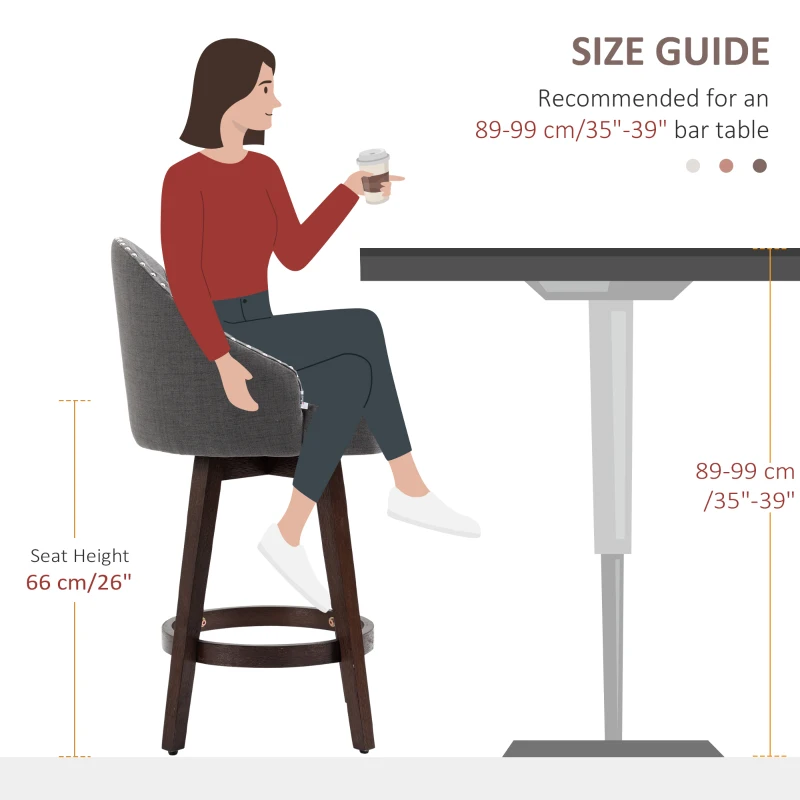 HOMCOM 26" Counter Height Bar Stools, Linen Fabric Kitchen Stools with Nailhead Trim, Rubber Wood Legs and Footrest for Dining Room, Counter, Pub, Set of 4, Dark Gray