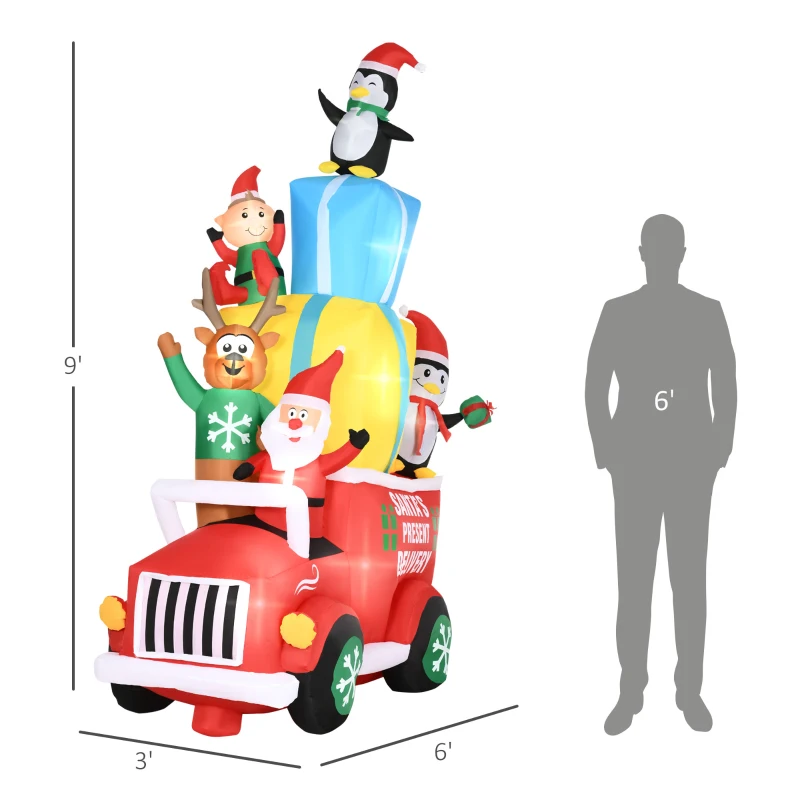 Outsunny 9ft Christmas Inflatables Outdoor Decorations Santa Claus Drives a Gift Car with Elk, Elf and Two Penguins