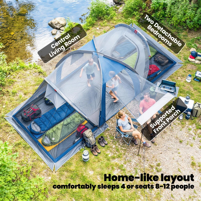 Outsunny Multi-Room Camping Tent for 8-12 Person, Large Family Tent with 3000mm Waterproof Rainfly and Screen Panels,