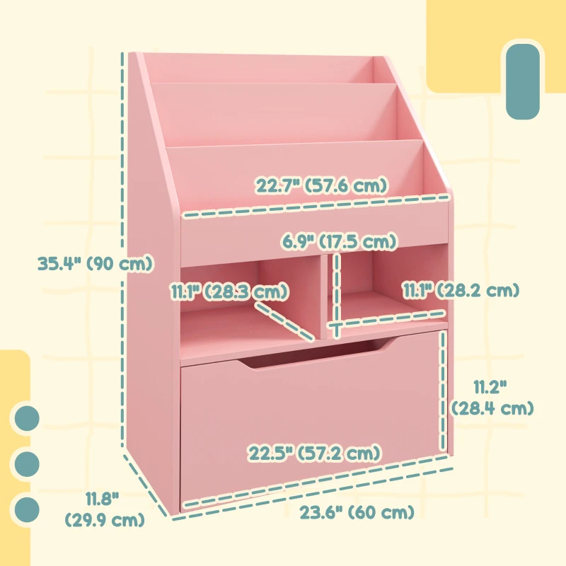 HOMCOM Kids Bookcase with Storage Drawer for Books, Reading Nook, for Classroom, Bedroom, Playroom, Pink