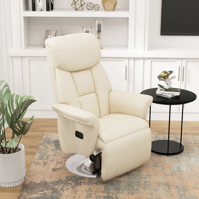 HOMCOM Swivel Recliner, Adjustable PU Leather Upholstered Recliner Chair with Footrest, Padded Arms and Steel Base, Cream White