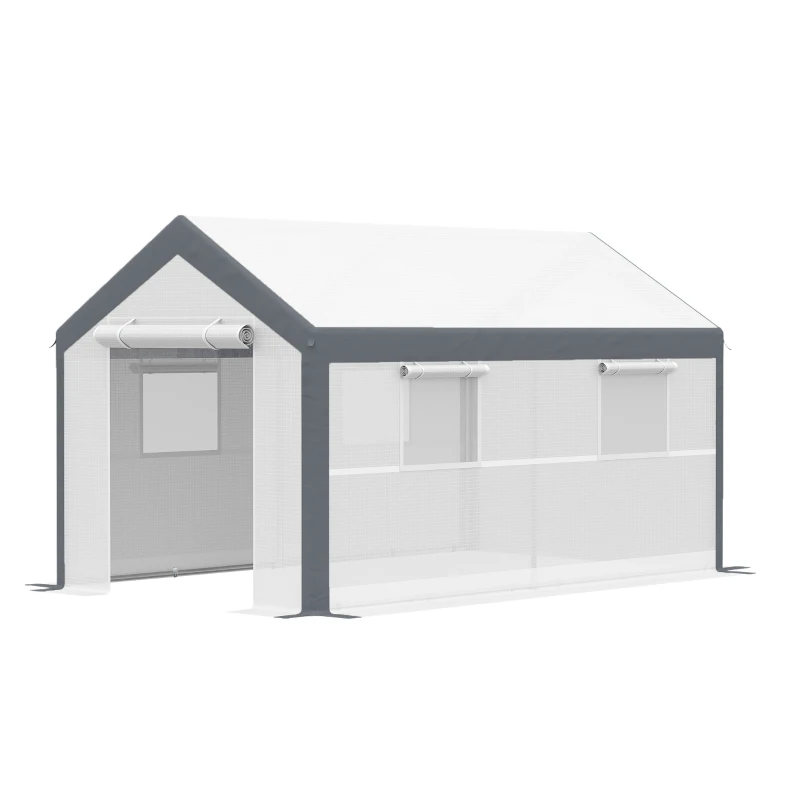 Outsunny 12' x 7' x 7' Greenhouse, Walk-in Outdoor Tunnel Green House with PE Cover, Steel Frame, 2 Roll-Up Zipper Doors & 4 Windows for Flowers, Vegetables, Tropical Plants, White/Dark Gray