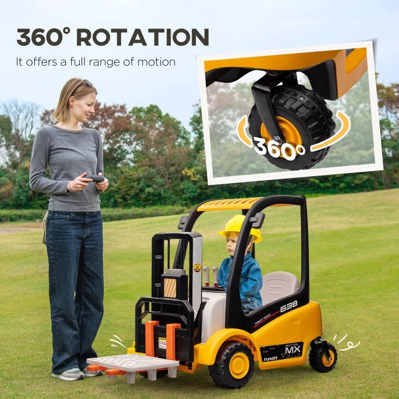 Qaba 12V Kids Ride on Forklift Car with Tent, 360° Rotation Electric Ride On Excavator w/ Liftable Fork and Pallet, Music