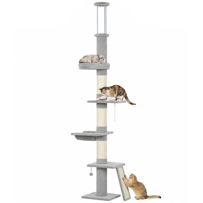 PawHut 90.6" -102.4" Floor-to-Ceiling Cat Tree Adjustable Height with 3-Rod Support, 5-Level Cat Tower, Light Gray