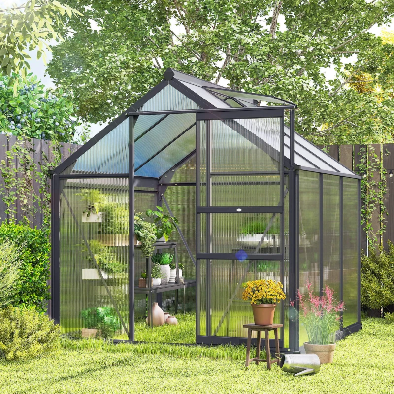 Outsunny Polycarbonate Greenhouse, Heavy Duty Outdoor Aluminum Walk-in Green House Kit Vent Door, 6.2'x6.2'x6.6' Gray