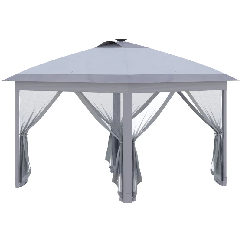 Outsunny 11' x 11' Pop Up Canopy Tent Patio Gazebo with Solar LED Light, Remote Control, Sandbags, Zippered Mesh Sidewalls,Grey