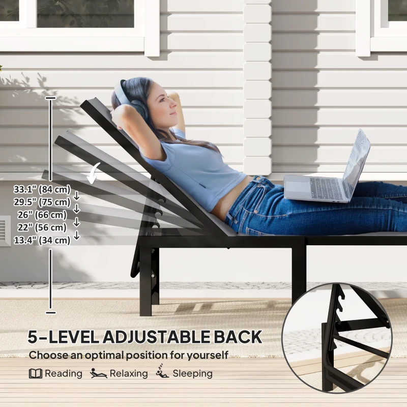 Outsunny Outdoor Lounge Chair Set of 2, 5-Position Reclining Outdoor Chaise Lounge Tanning Chair with Mesh Seat, Grey