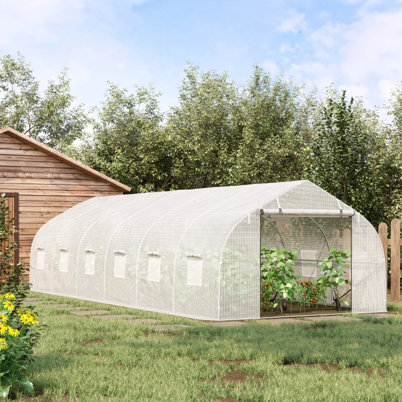 Outsunny 26' x 10' x 7' Walk-in Greenhouse Tunnel, Large Gardening Hot House with 12 Windows, 2 Net Protected Zipper Screen Doors for Backyard, White