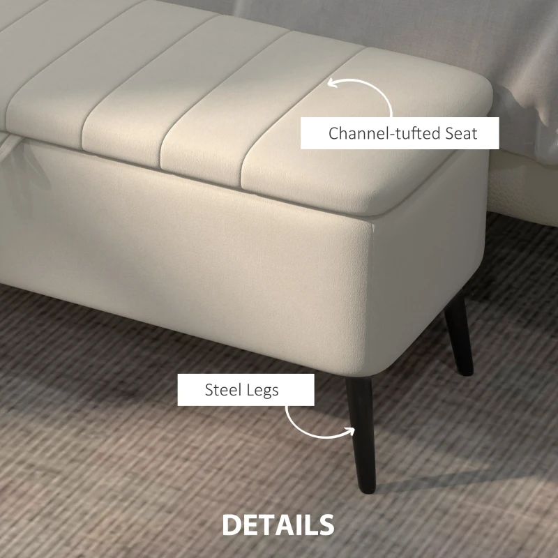 HOMCOM 40" Ottoman with Storage, Linen Upholstered Storage Ottoman Bench with Steel Legs for Living Room, Bedroom Cream White