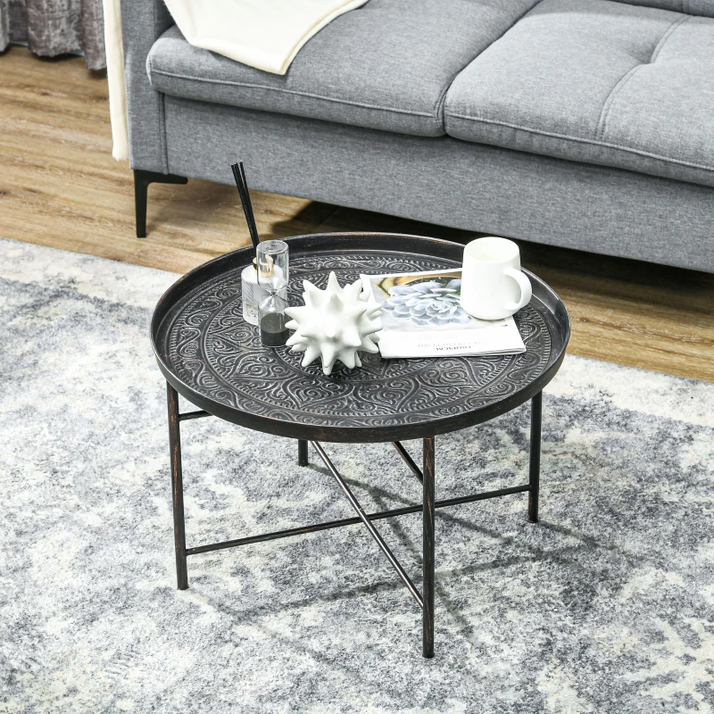 HOMCOM Vintage Coffee Table for Living Room, 24" Round Center Table with Hammered Tray Top and Metal Frame, Pewter