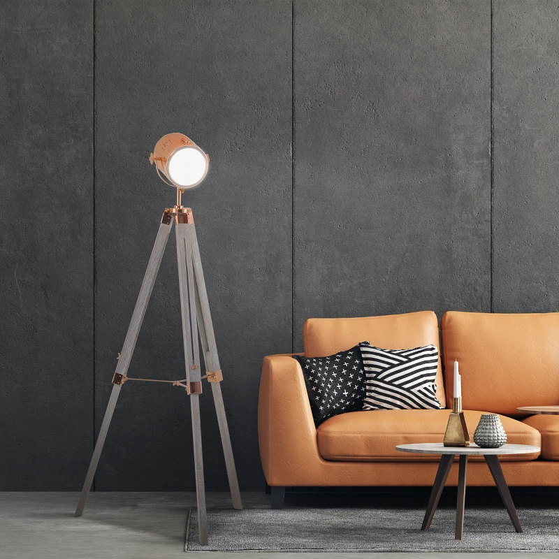 HOMCOM Vintage Tripod Floor Lamp, Height Adjustable Nautical Spotlight with Wood Legs, E12 Lamp Base for Living Room, Bedroom, Grey and Rose Gold