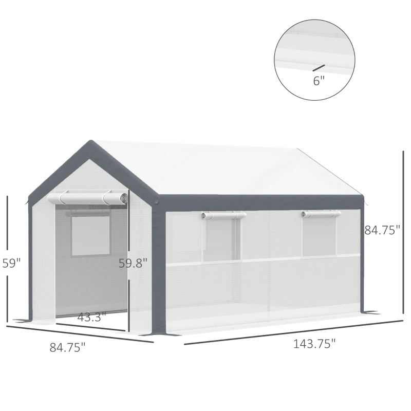 Outsunny 12' x 7' x 7' Greenhouse, Walk-in Outdoor Tunnel Green House with PE Cover, Steel Frame, 2 Roll-Up Zipper Doors & 4 Windows for Flowers, Vegetables, Tropical Plants, White/Dark Gray