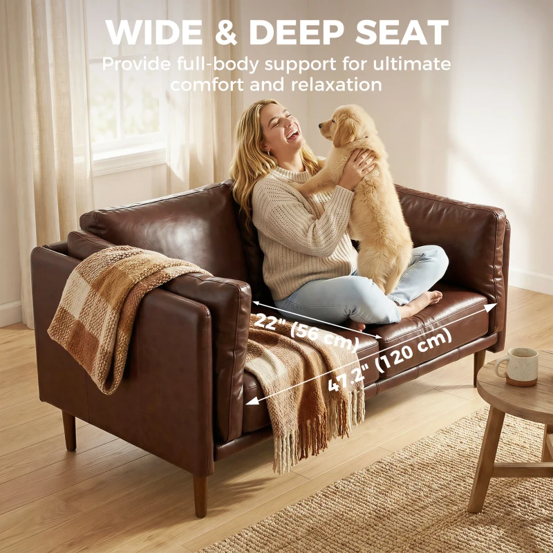 HOMCOM 59" Loveseat Sofa, PU Leather 2 Seater Sofa with Wide Seat, High-Density Foam, Thick Cushion, Wood Legs, Brown