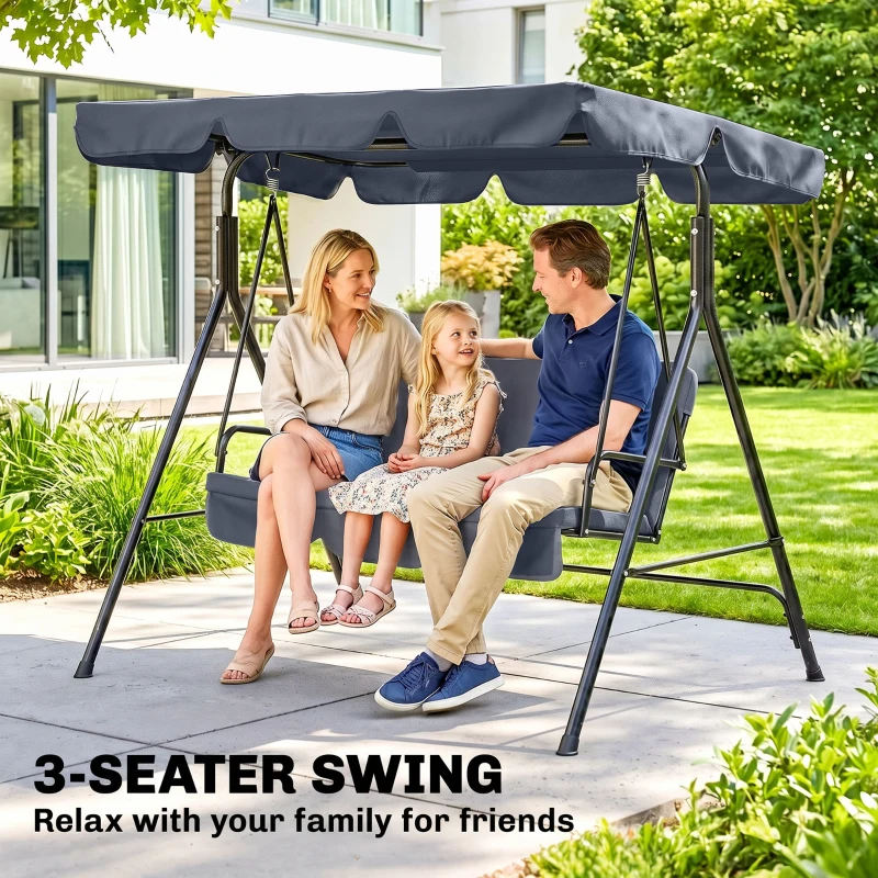 Outsunny 3-Seat Outdoor Patio Swing Chair with Removable Cushion, Steel Frame Stand and Adjustable Tilt Canopy for Patio, Garden, Poolside, Balcony, Backyard, Gray