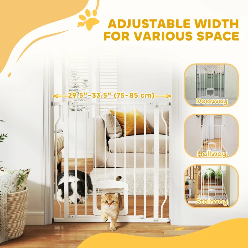 PawHut 29.5-33.5" Adjustable Dog Gate with Cat Door, Easy Install Pressure/Hardware Mounted Pet Gate for Doorways, White