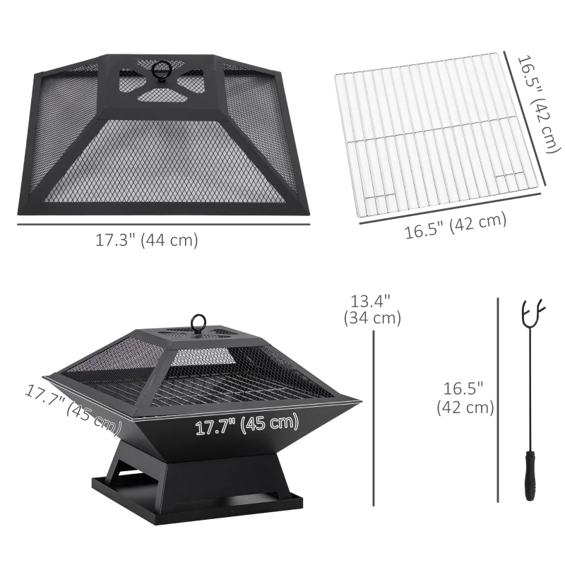 Outsunny 17.7" Wood Burning Portable Fire Pit, Outdoor Firepit with Cooking BBQ Grill, Spark Screen, Poker for Backyard, Black
